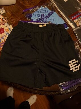 Eric Emanuel Black Mesh Shorts with Pink Logo